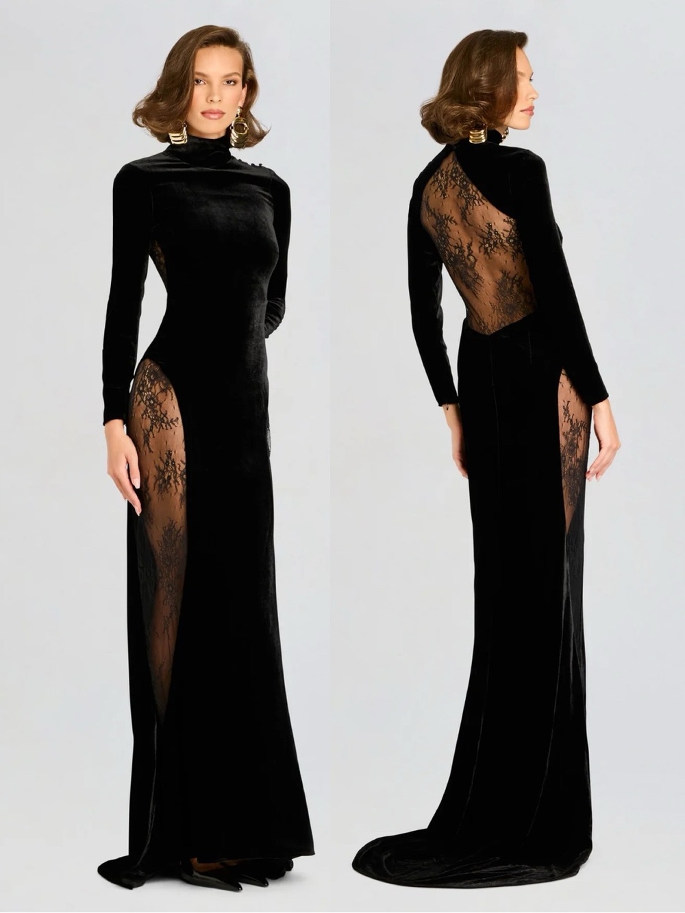 Retrofete Amor Crushed Velvet Sheer Lace Detail Gown Black NEW with tags